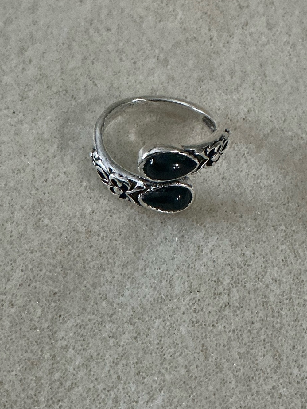 Silver-Tone Black Stone Floral Wrap Ring - adjustable